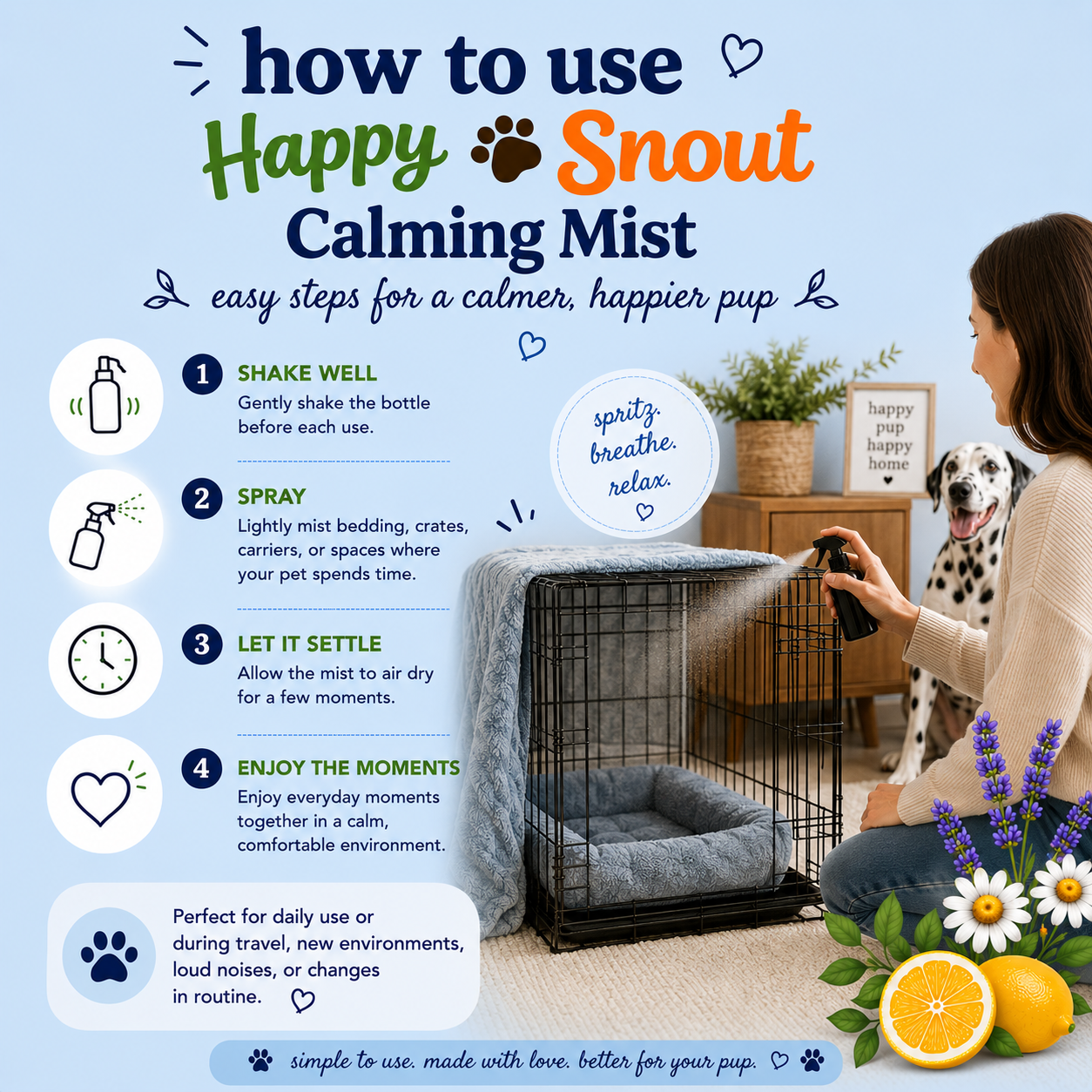 Happy Snout Calming Mist for Dogs | Natural Chamomile, Lavender & Lemon Spray | Refreshing Dog Room & Bedding Mist | 4 oz Glass Bottle