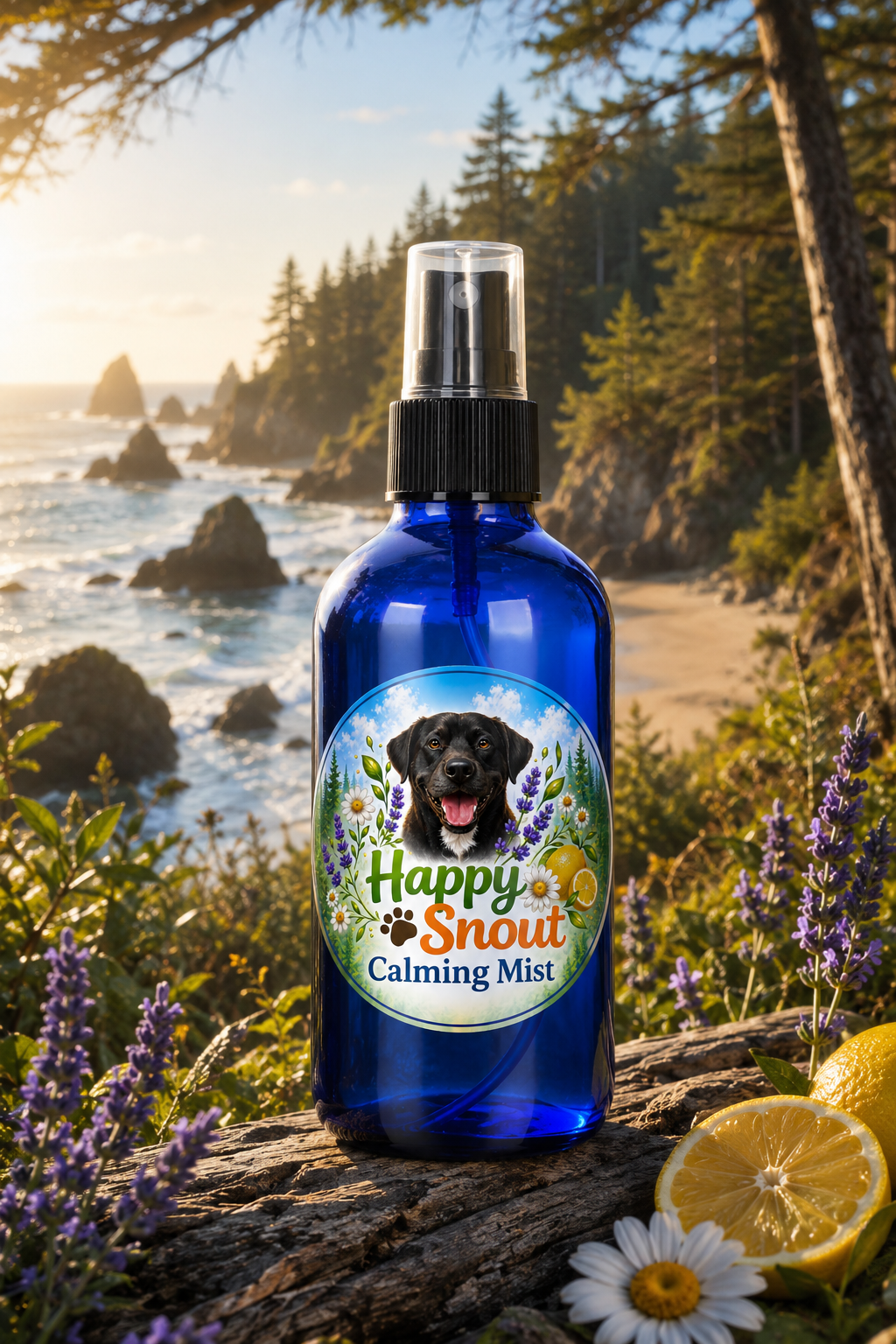Happy Snout Calming Mist for Dogs | Natural Chamomile, Lavender & Lemon Spray | Refreshing Dog Room & Bedding Mist | 4 oz Glass Bottle